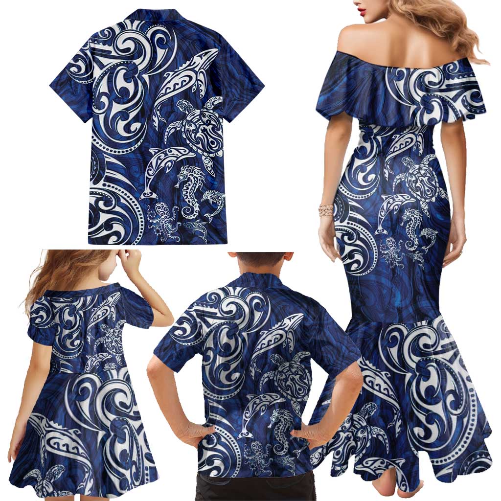New Zealand Connecting with Seas Family Matching Mermaid Dress and Hawaiian Shirt Maori Tribal and Sea Animals Tattoo - White Glass Style