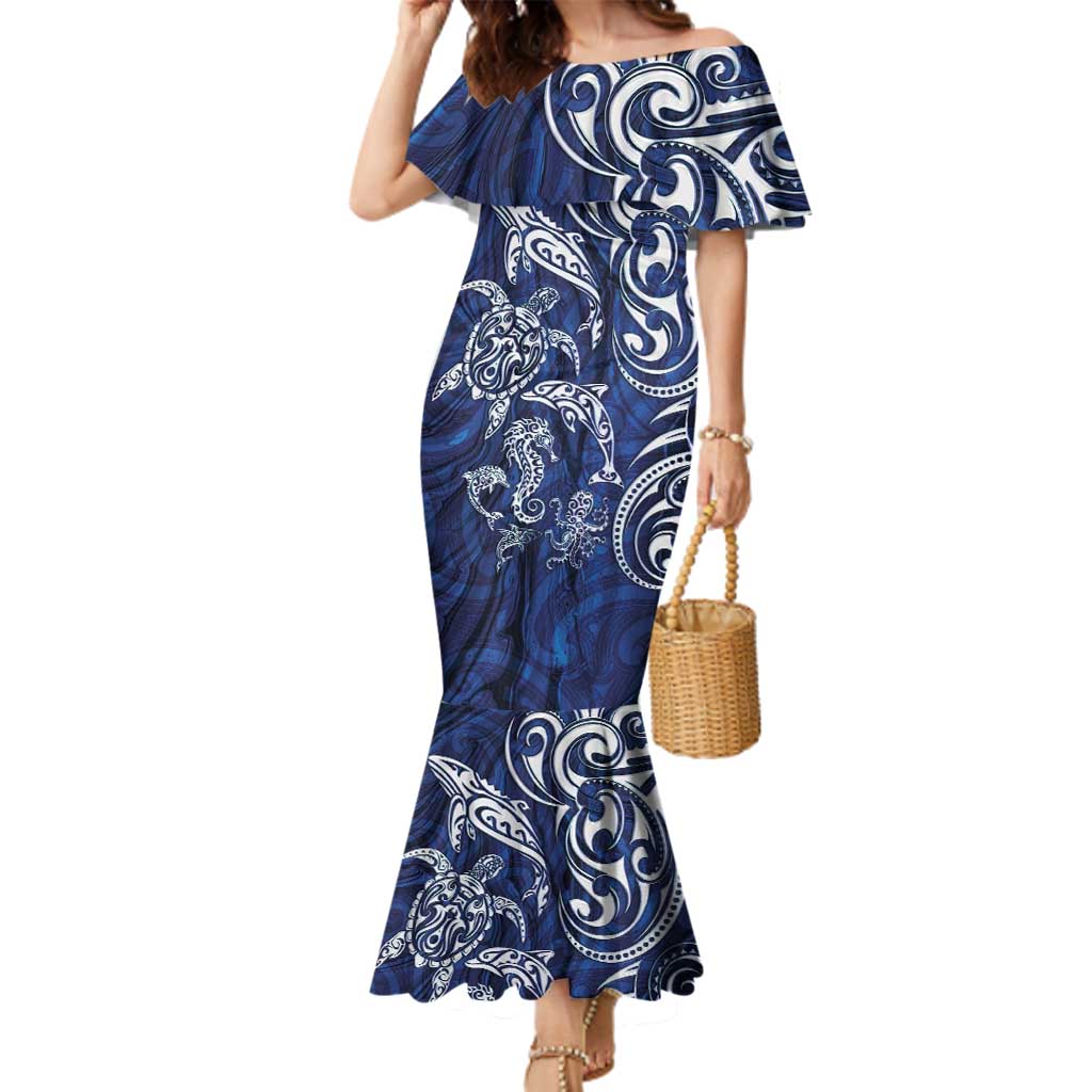 New Zealand Connecting with Seas Family Matching Mermaid Dress and Hawaiian Shirt Maori Tribal and Sea Animals Tattoo - White Glass Style