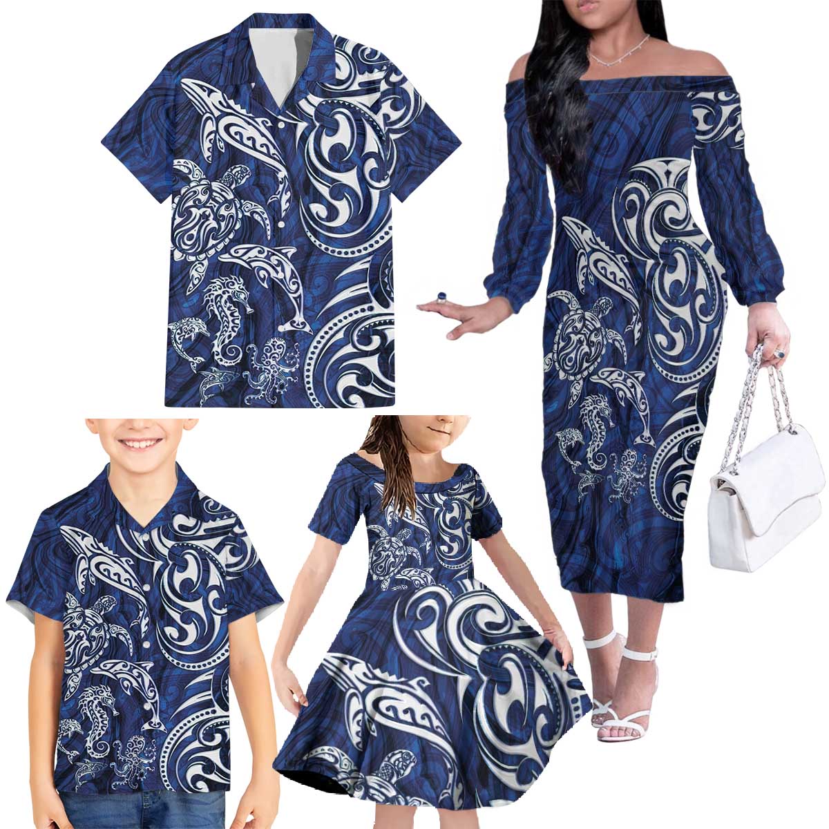 New Zealand Connecting with Seas Family Matching Off The Shoulder Long Sleeve Dress and Hawaiian Shirt Maori Tribal and Sea Animals Tattoo - White Glass Style