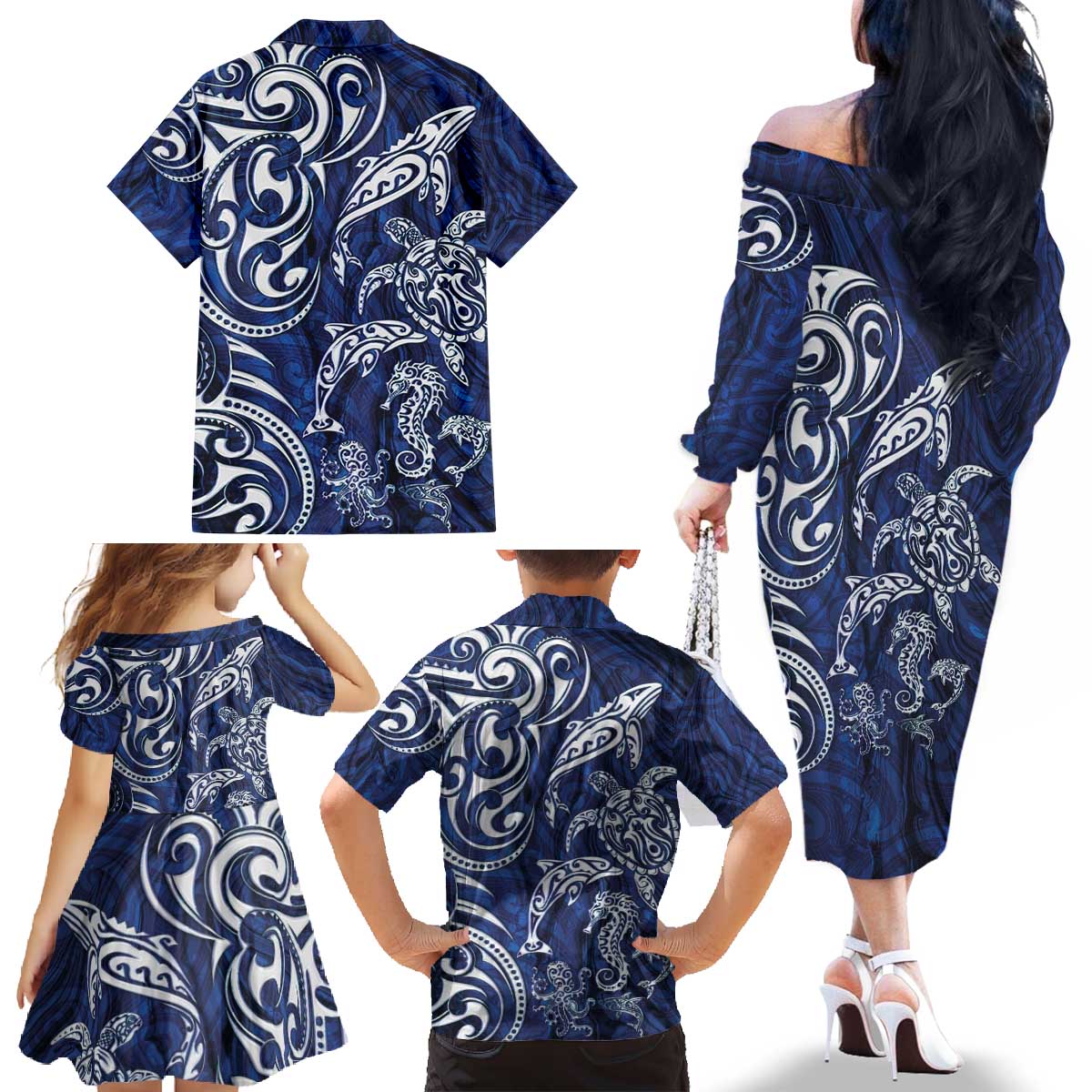 New Zealand Connecting with Seas Family Matching Off The Shoulder Long Sleeve Dress and Hawaiian Shirt Maori Tribal and Sea Animals Tattoo - White Glass Style