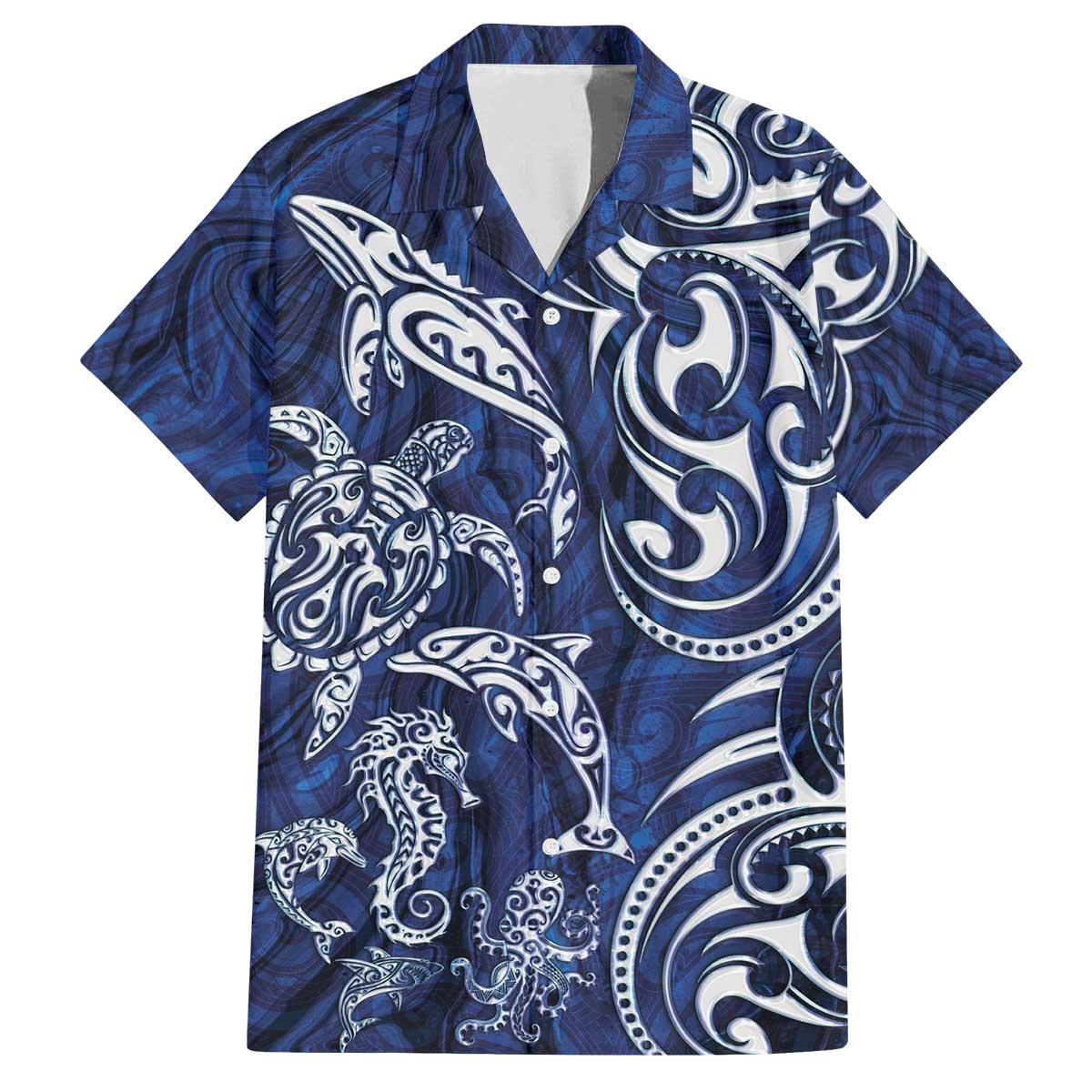 New Zealand Connecting with Seas Family Matching Off The Shoulder Long Sleeve Dress and Hawaiian Shirt Maori Tribal and Sea Animals Tattoo - White Glass Style