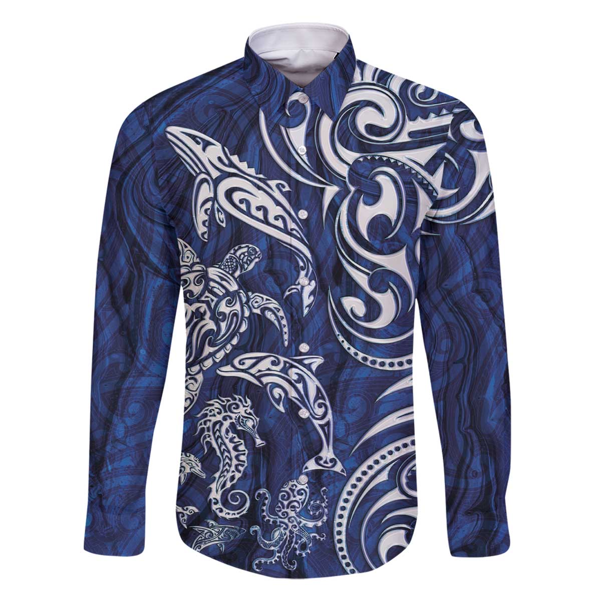 New Zealand Connecting with Seas Family Matching Off The Shoulder Long Sleeve Dress and Hawaiian Shirt Maori Tribal and Sea Animals Tattoo - White Glass Style