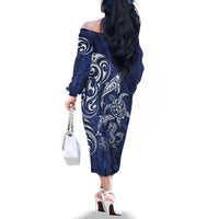 New Zealand Connecting with Seas Family Matching Off The Shoulder Long Sleeve Dress and Hawaiian Shirt Maori Tribal and Sea Animals Tattoo - White Glass Style
