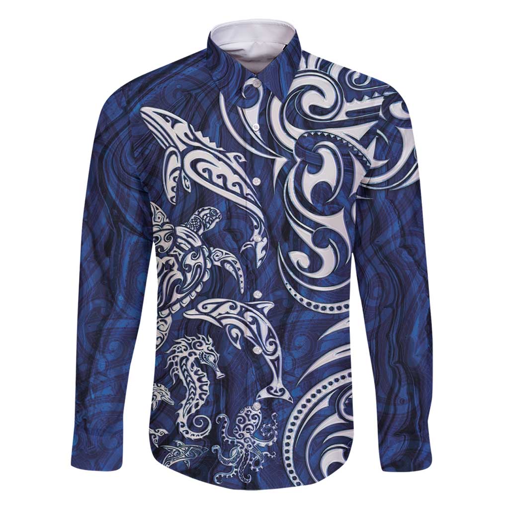 New Zealand Connecting with Seas Family Matching Off Shoulder Maxi Dress and Hawaiian Shirt Maori Tribal and Sea Animals Tattoo - White Glass Style