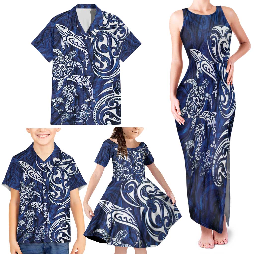 New Zealand Connecting with Seas Family Matching Tank Maxi Dress and Hawaiian Shirt Maori Tribal and Sea Animals Tattoo - White Glass Style