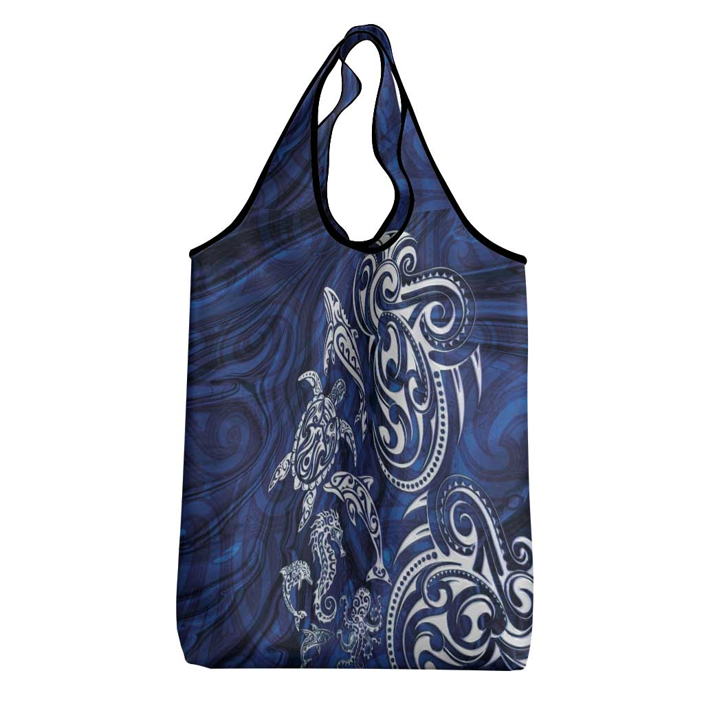 New Zealand Connecting with Seas Grocery Bag Maori Tribal and Sea Animals Tattoo - White Glass Style