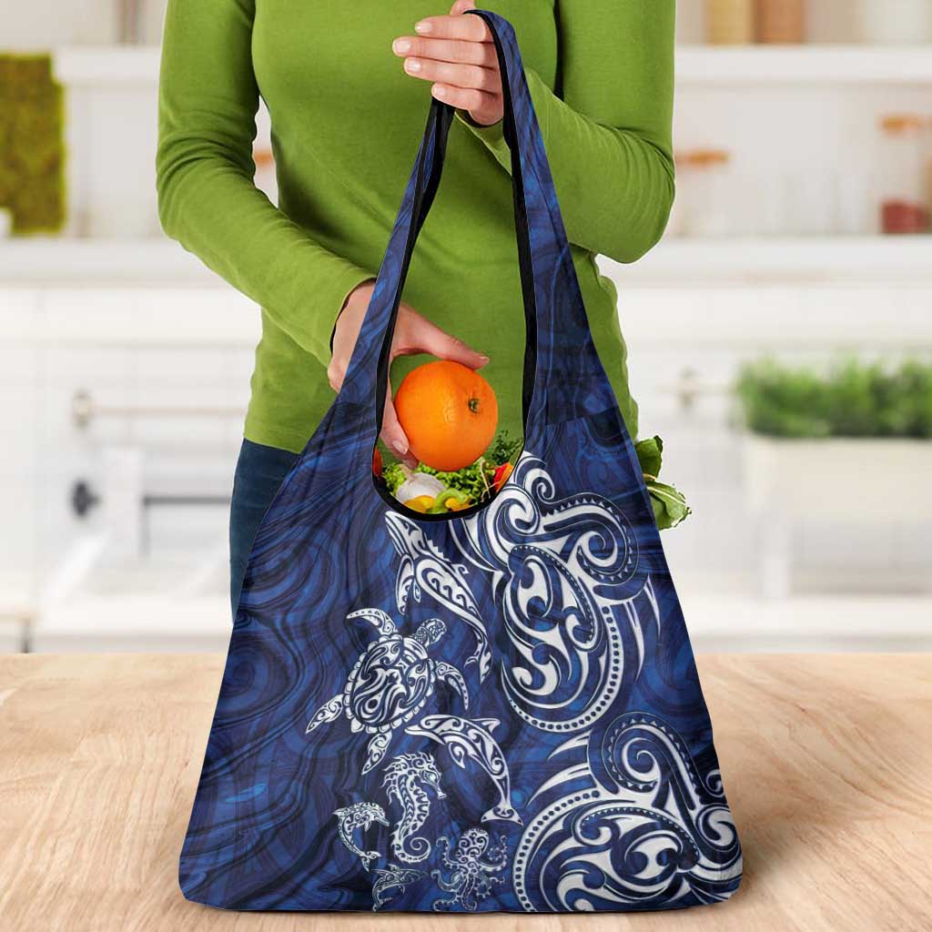 New Zealand Connecting with Seas Grocery Bag Maori Tribal and Sea Animals Tattoo - White Glass Style