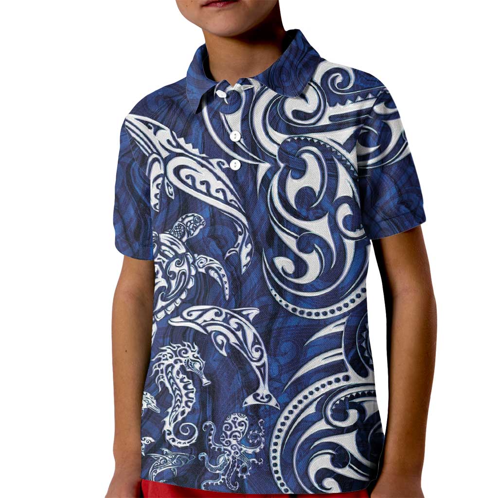 New Zealand Connecting with Seas Kid Polo Shirt Maori Tribal and Sea Animals Tattoo - White Glass Style