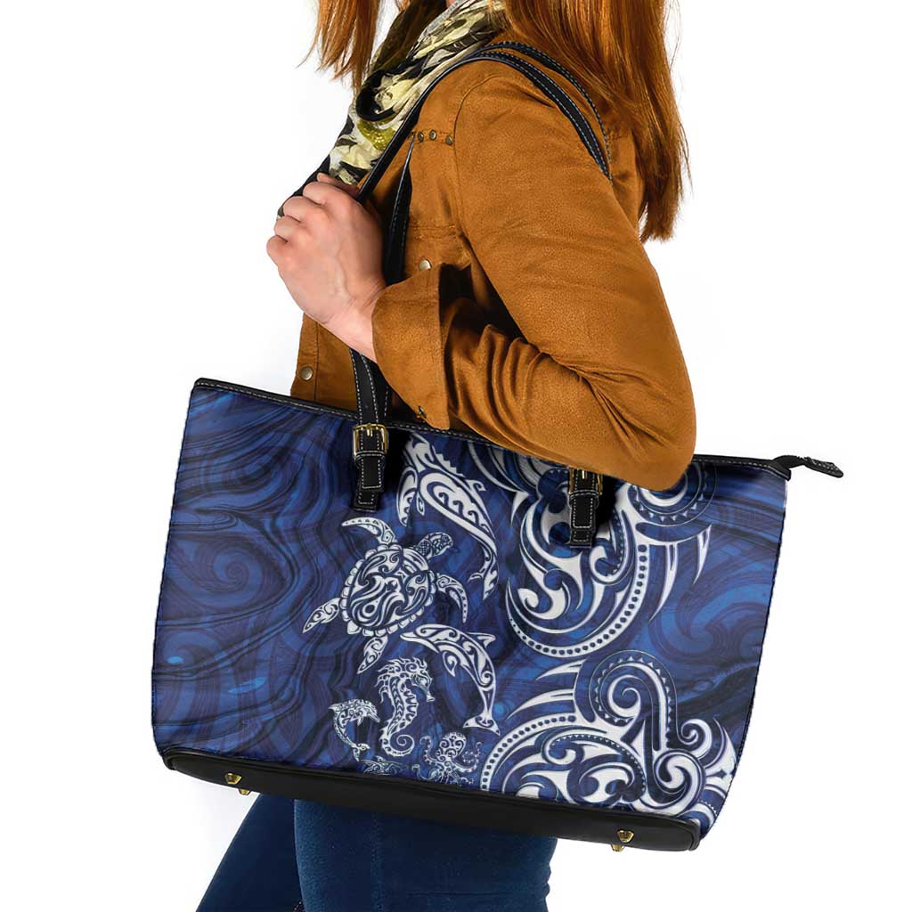 New Zealand Connecting with Seas Leather Tote Bag Maori Tribal and Sea Animals Tattoo - White Glass Style