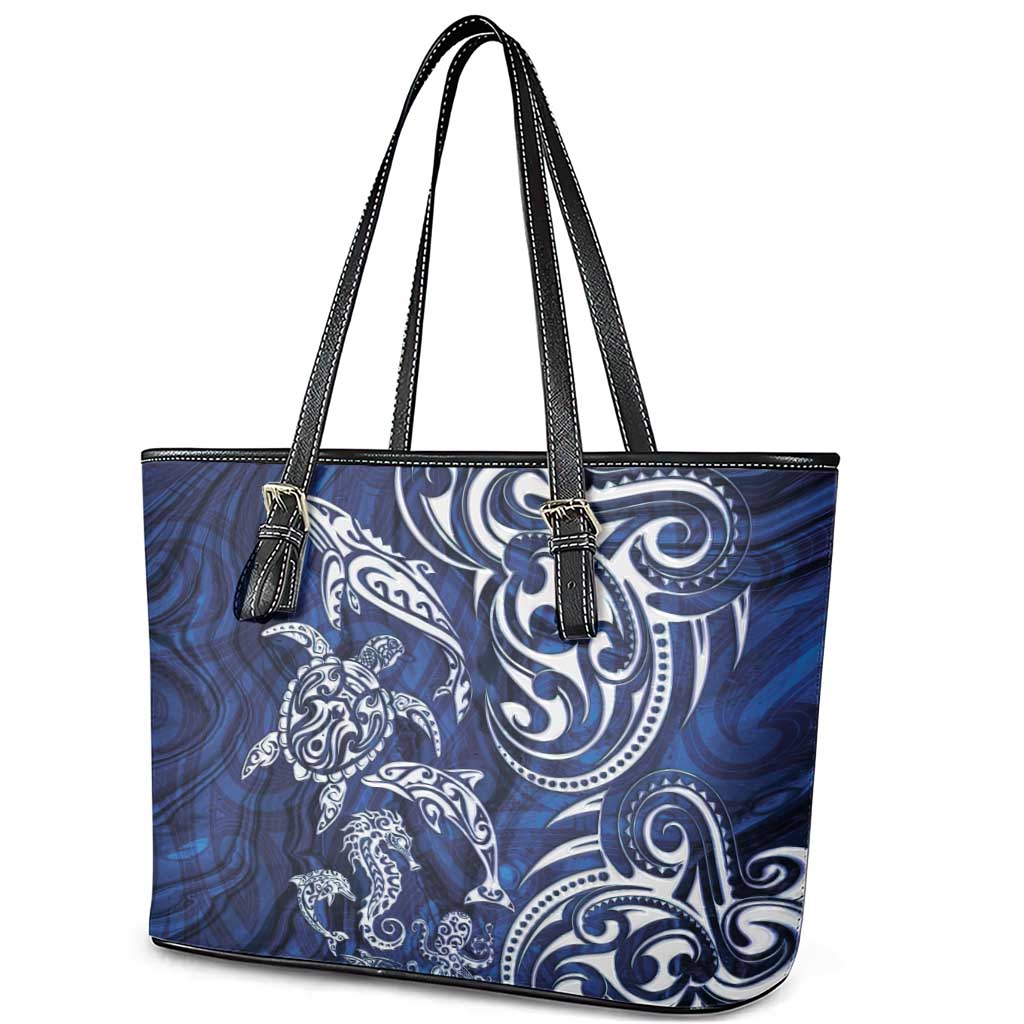 New Zealand Connecting with Seas Leather Tote Bag Maori Tribal and Sea Animals Tattoo - White Glass Style