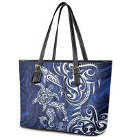 New Zealand Connecting with Seas Leather Tote Bag Maori Tribal and Sea Animals Tattoo - White Glass Style