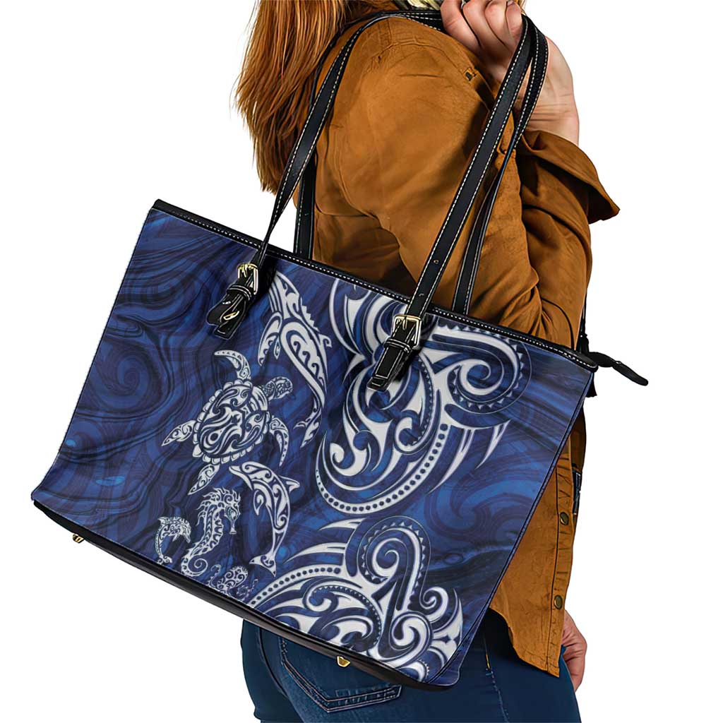 New Zealand Connecting with Seas Leather Tote Bag Maori Tribal and Sea Animals Tattoo - White Glass Style