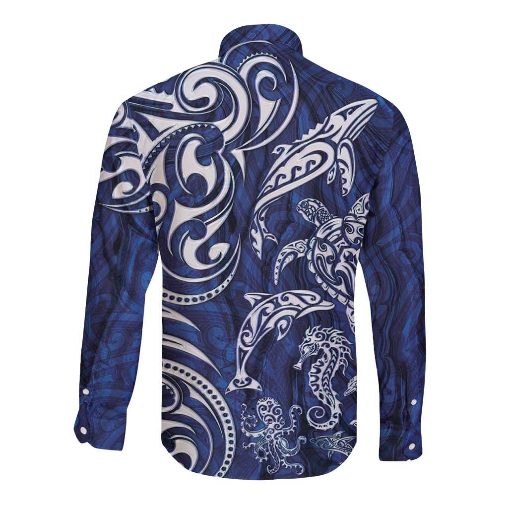 New Zealand Connecting with Seas Long Sleeve Button Shirt Maori Tribal and Sea Animals Tattoo - White Glass Style LT03 - Polynesian Pride