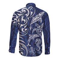 New Zealand Connecting with Seas Long Sleeve Button Shirt Maori Tribal and Sea Animals Tattoo - White Glass Style LT03 - Polynesian Pride