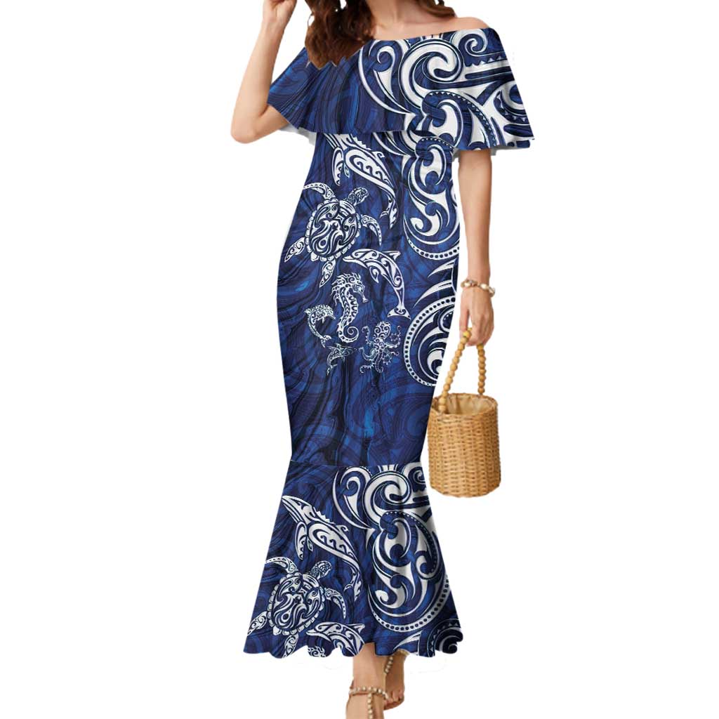 New Zealand Connecting with Seas Mermaid Dress Maori Tribal and Sea Animals Tattoo - White Glass Style