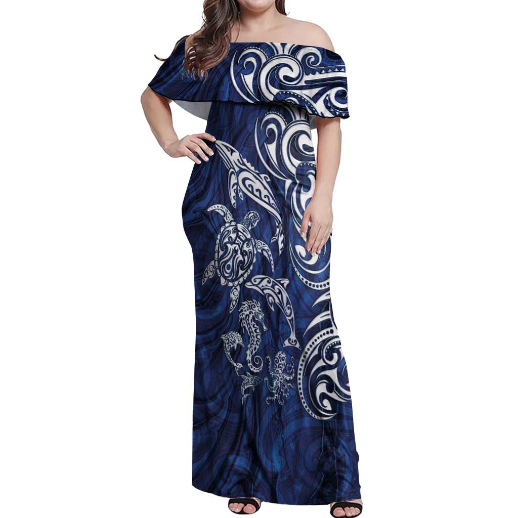 New Zealand Connecting with Seas Off Shoulder Maxi Dress Maori Tribal and Sea Animals Tattoo - White Glass Style LT03 Women Navy - Polynesian Pride