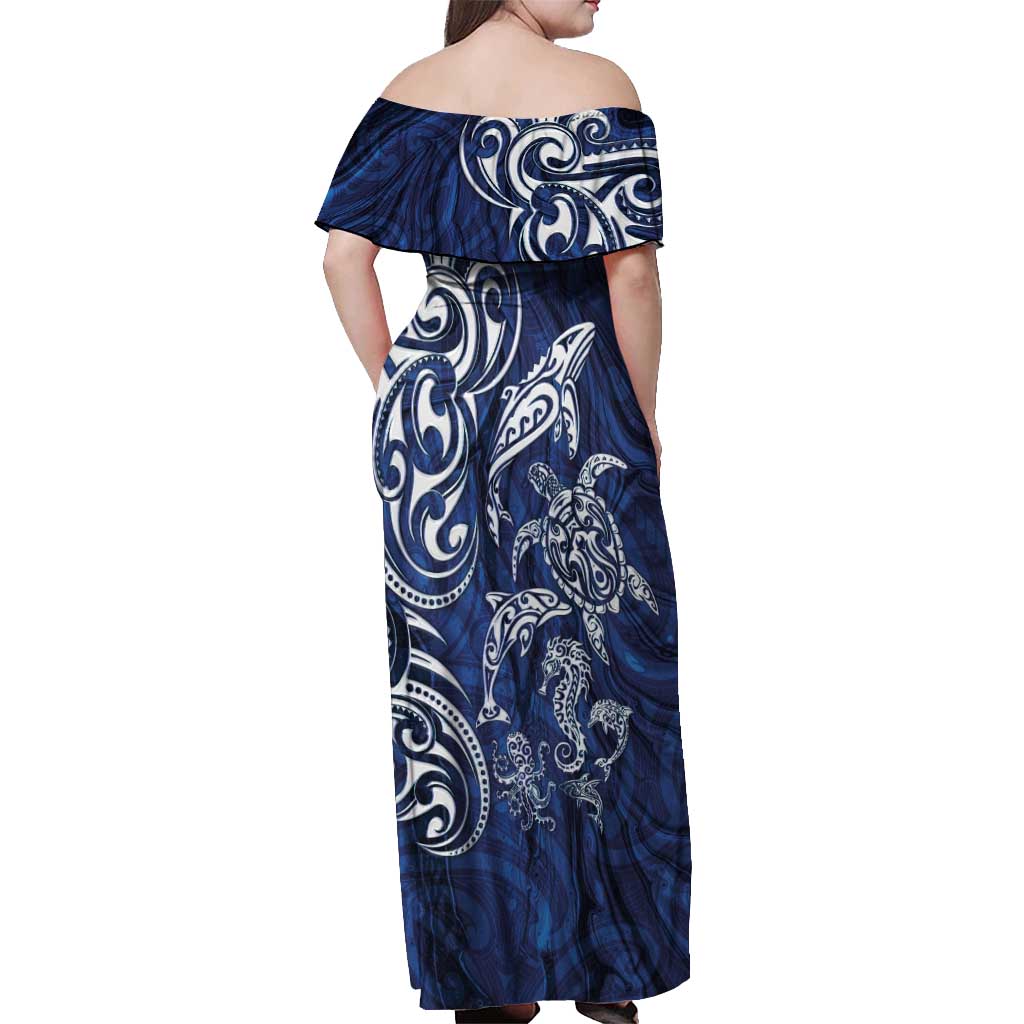 New Zealand Connecting with Seas Off Shoulder Maxi Dress Maori Tribal and Sea Animals Tattoo - White Glass Style LT03 - Polynesian Pride