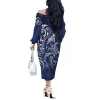 New Zealand Connecting with Seas Off The Shoulder Long Sleeve Dress Maori Tribal and Sea Animals Tattoo - White Glass Style LT03 - Polynesian Pride