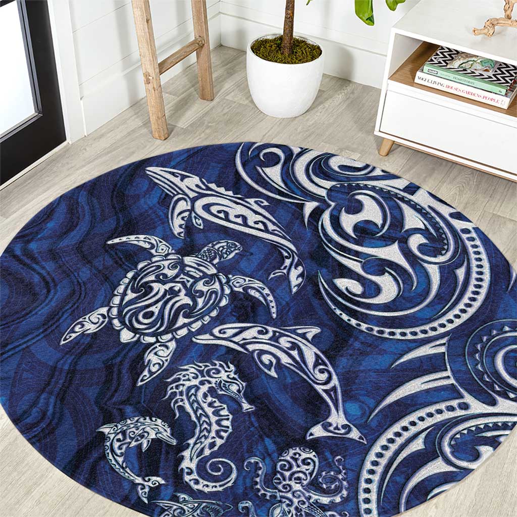 New Zealand Connecting with Seas Round Carpet Maori Tribal and Sea Animals Tattoo - White Glass Style LT03 Navy - Polynesian Pride