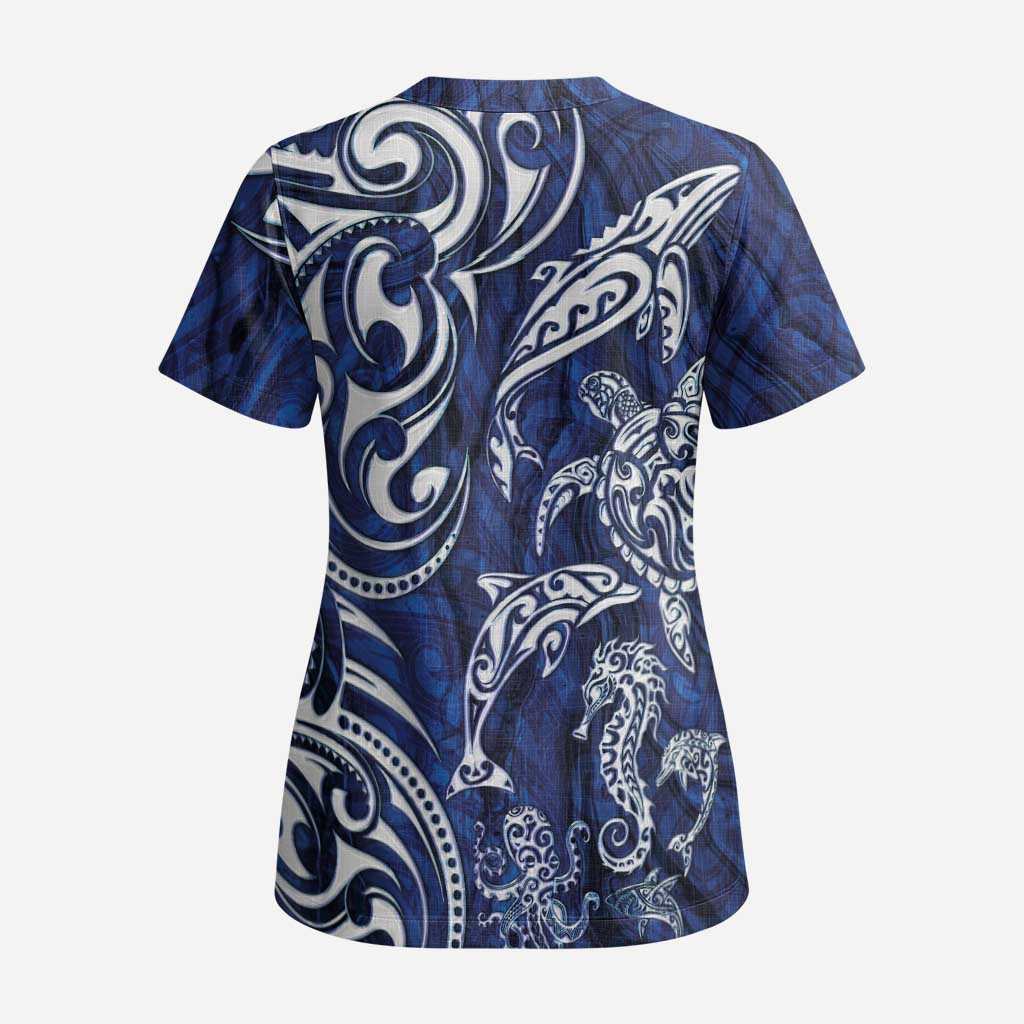 New Zealand Connecting with Seas Scrub Top Maori Tribal and Sea Animals Tattoo - White Glass Style - Polynesian Pride