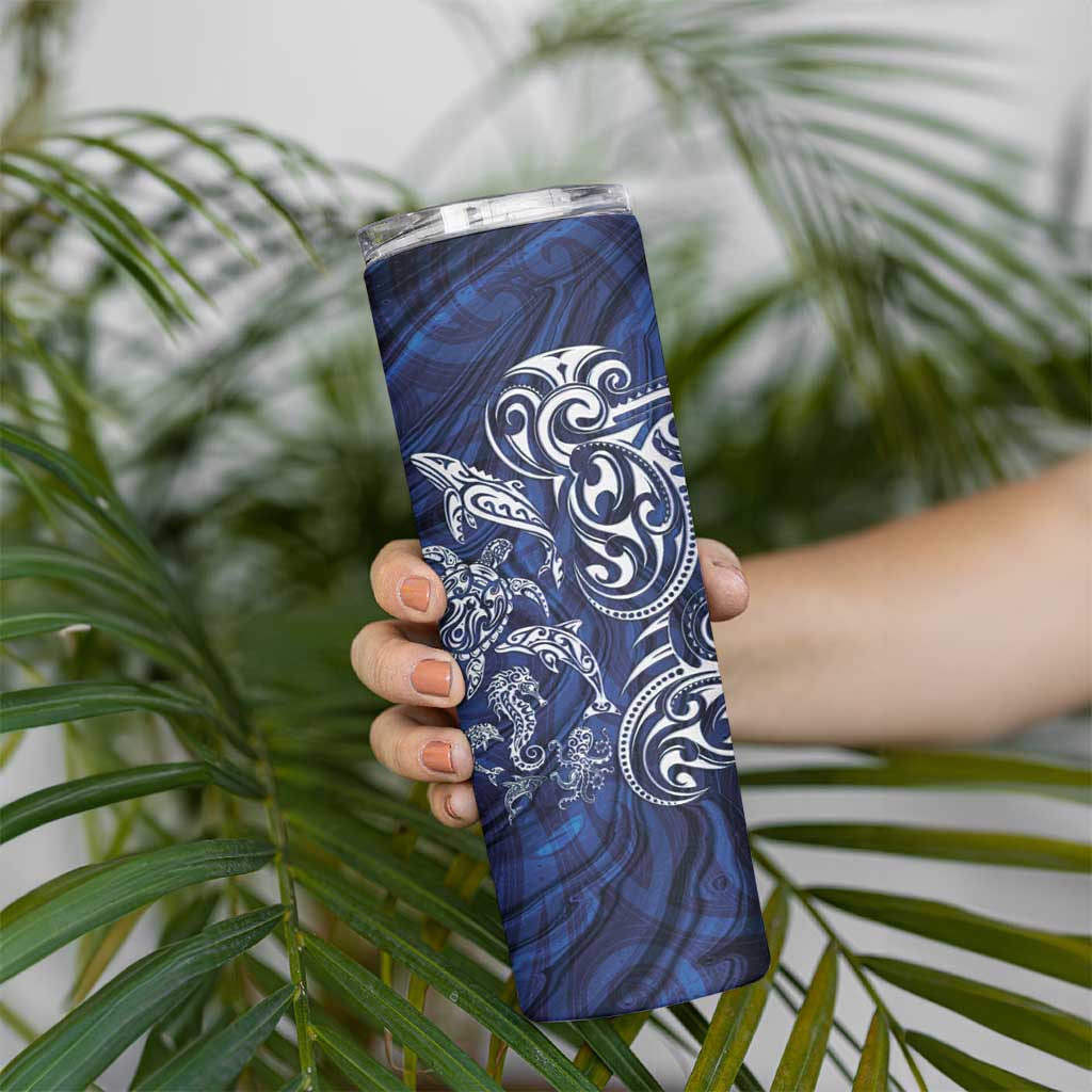 New Zealand Connecting with Seas Skinny Tumbler Maori Tribal and Sea Animals Tattoo - White Glass Style LT03 - Polynesian Pride