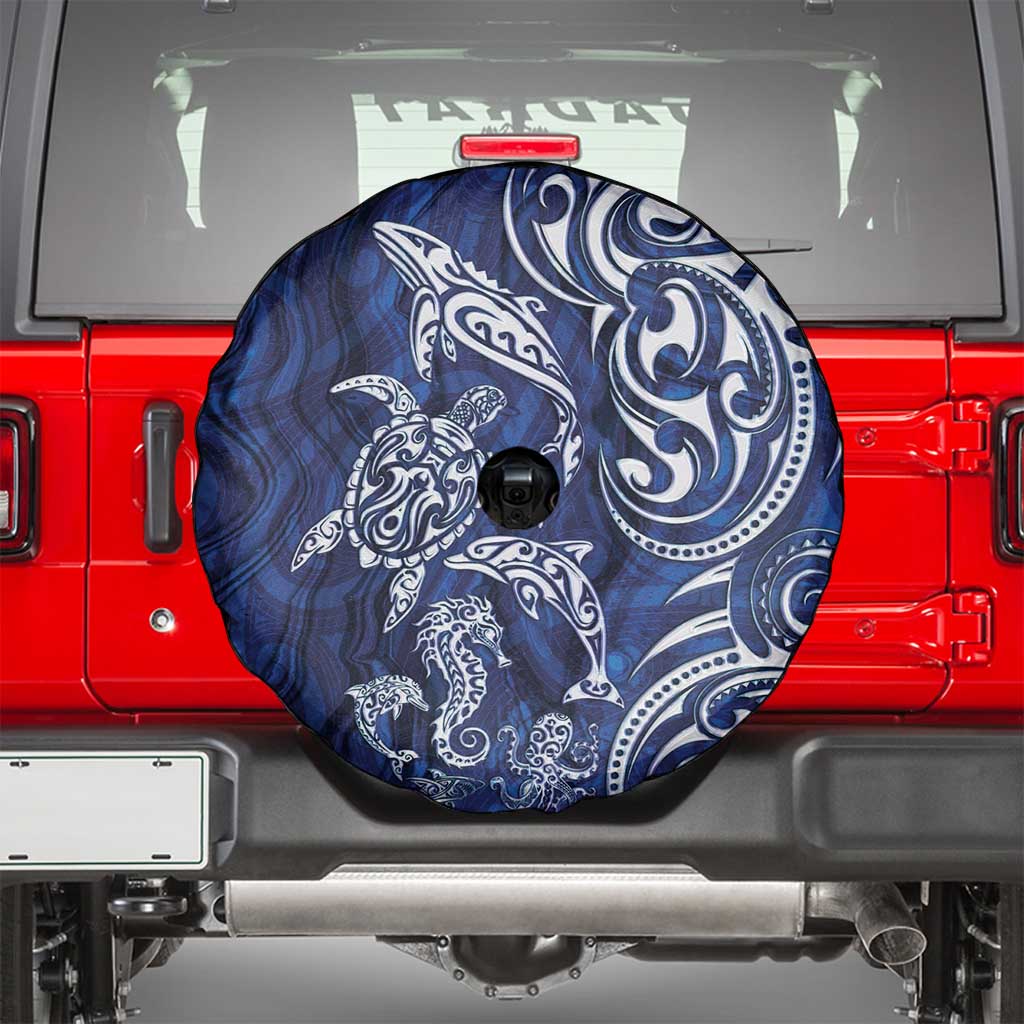 New Zealand Connecting with Seas Spare Tire Cover Maori Tribal and Sea Animals Tattoo - White Glass Style