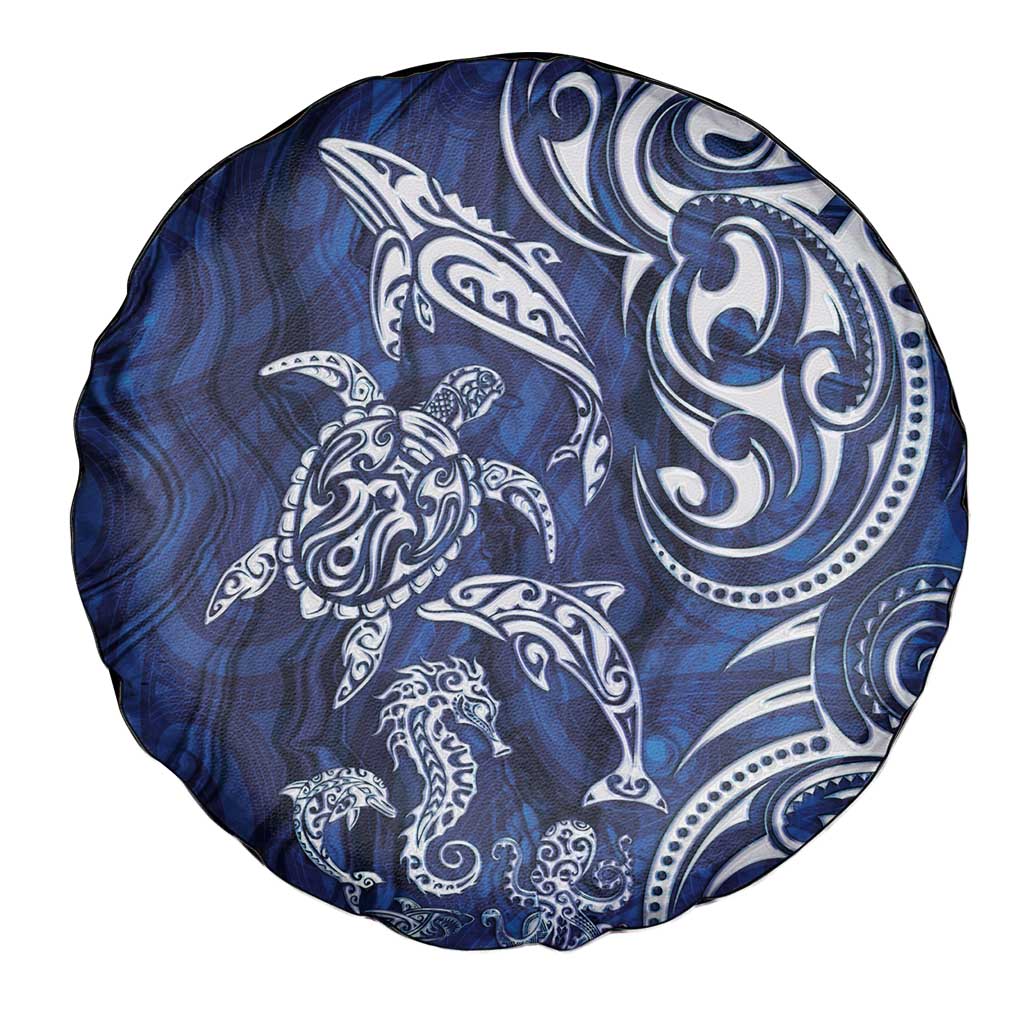 New Zealand Connecting with Seas Spare Tire Cover Maori Tribal and Sea Animals Tattoo - White Glass Style