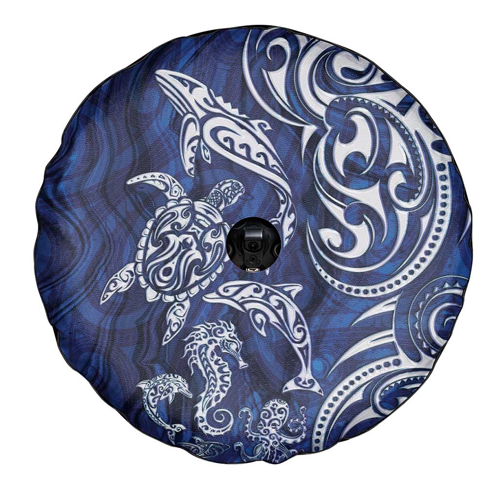 New Zealand Connecting with Seas Spare Tire Cover Maori Tribal and Sea Animals Tattoo - White Glass Style