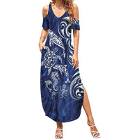 New Zealand Connecting with Seas Summer Maxi Dress Maori Tribal and Sea Animals Tattoo - White Glass Style LT03 Women Navy - Polynesian Pride