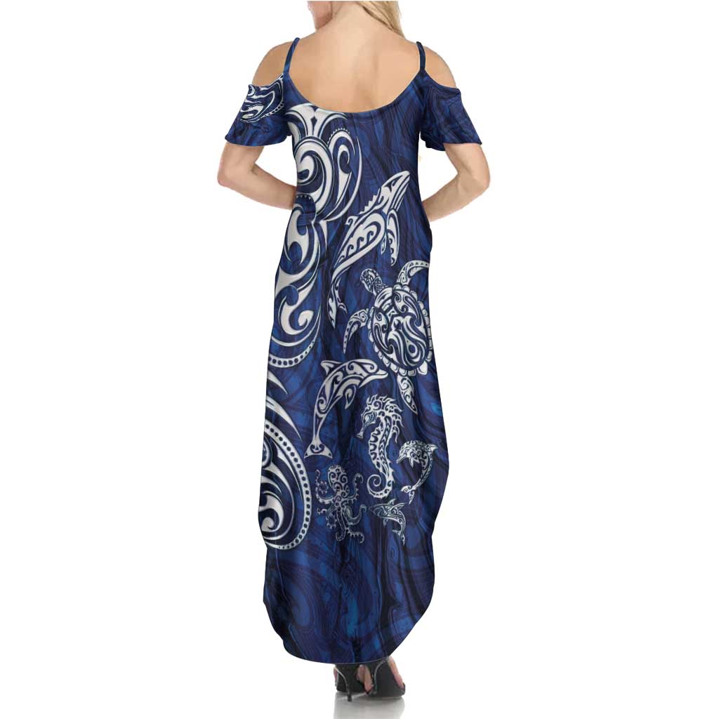 New Zealand Connecting with Seas Summer Maxi Dress Maori Tribal and Sea Animals Tattoo - White Glass Style LT03 - Polynesian Pride