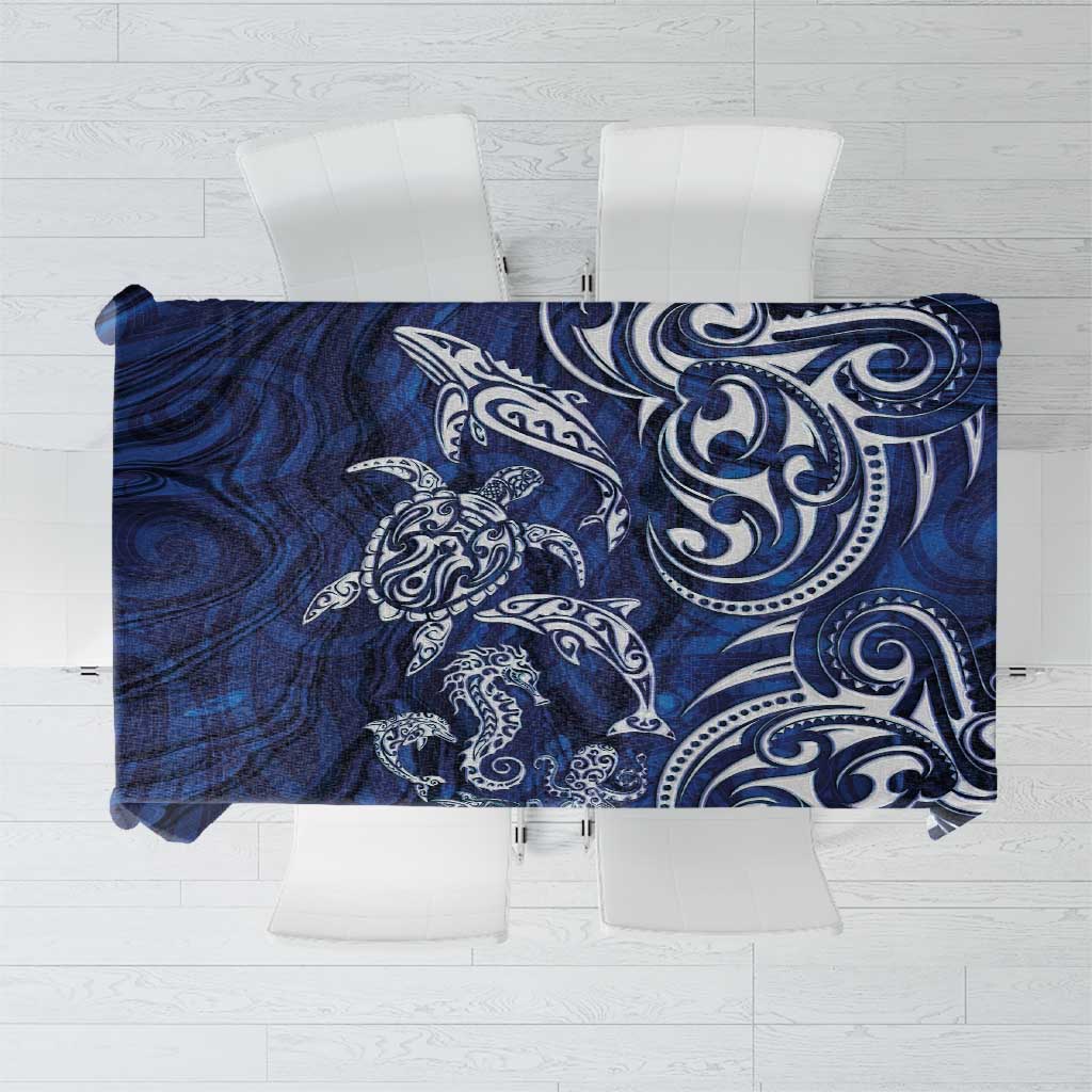 New Zealand Connecting with Seas Tablecloth Maori Tribal and Sea Animals Tattoo - White Glass Style LT03 Navy - Polynesian Pride