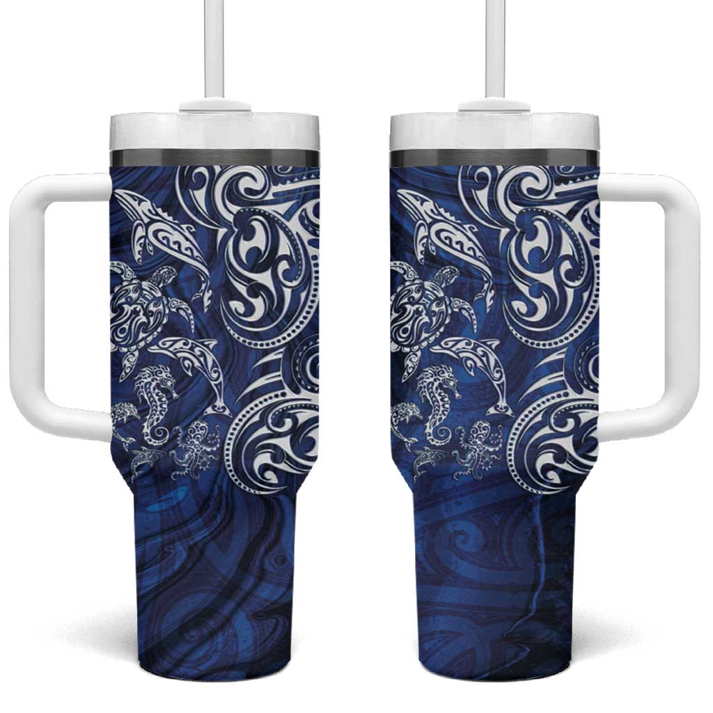 New Zealand Connecting with Seas Tumbler With Handle Maori Tribal and Sea Animals Tattoo - White Glass Style