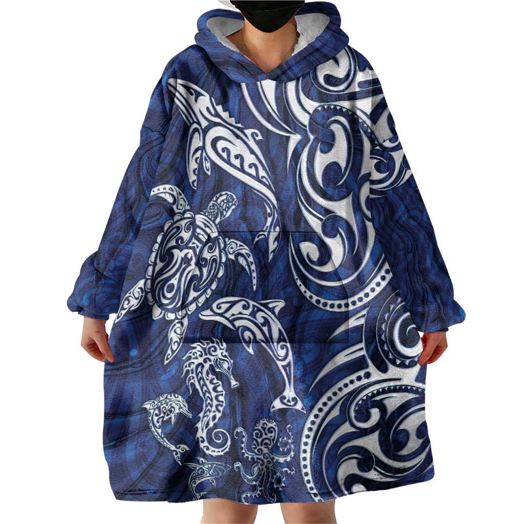 New Zealand Connecting with Seas Wearable Blanket Hoodie Maori Tribal and Sea Animals Tattoo - White Glass Style LT03 - Polynesian Pride