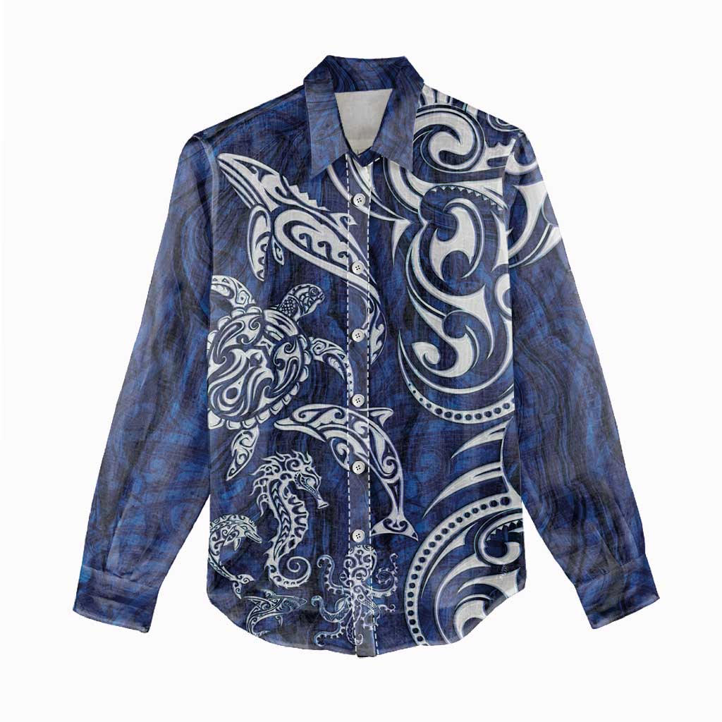 New Zealand Connecting with Seas Women Casual Shirt Maori Tribal and Sea Animals Tattoo - White Glass Style