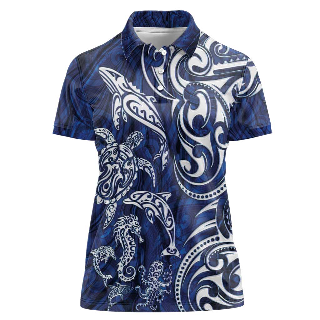 New Zealand Connecting with Seas Women Polo Shirt Maori Tribal and Sea Animals Tattoo - White Glass Style
