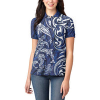 New Zealand Connecting with Seas Women Polo Shirt Maori Tribal and Sea Animals Tattoo - White Glass Style