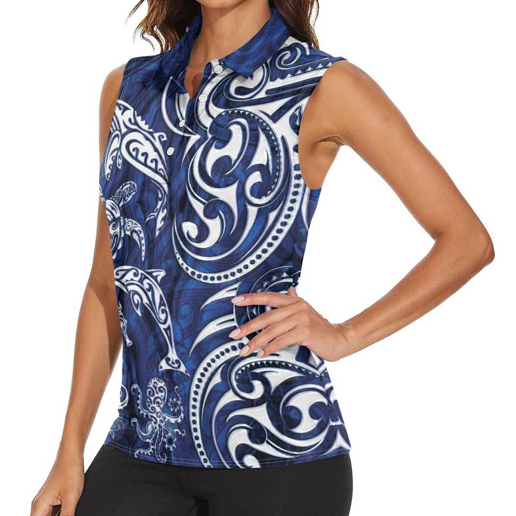 New Zealand Connecting with Seas Women Sleeveless Polo Shirt Maori Tribal and Sea Animals Tattoo - White Glass Style