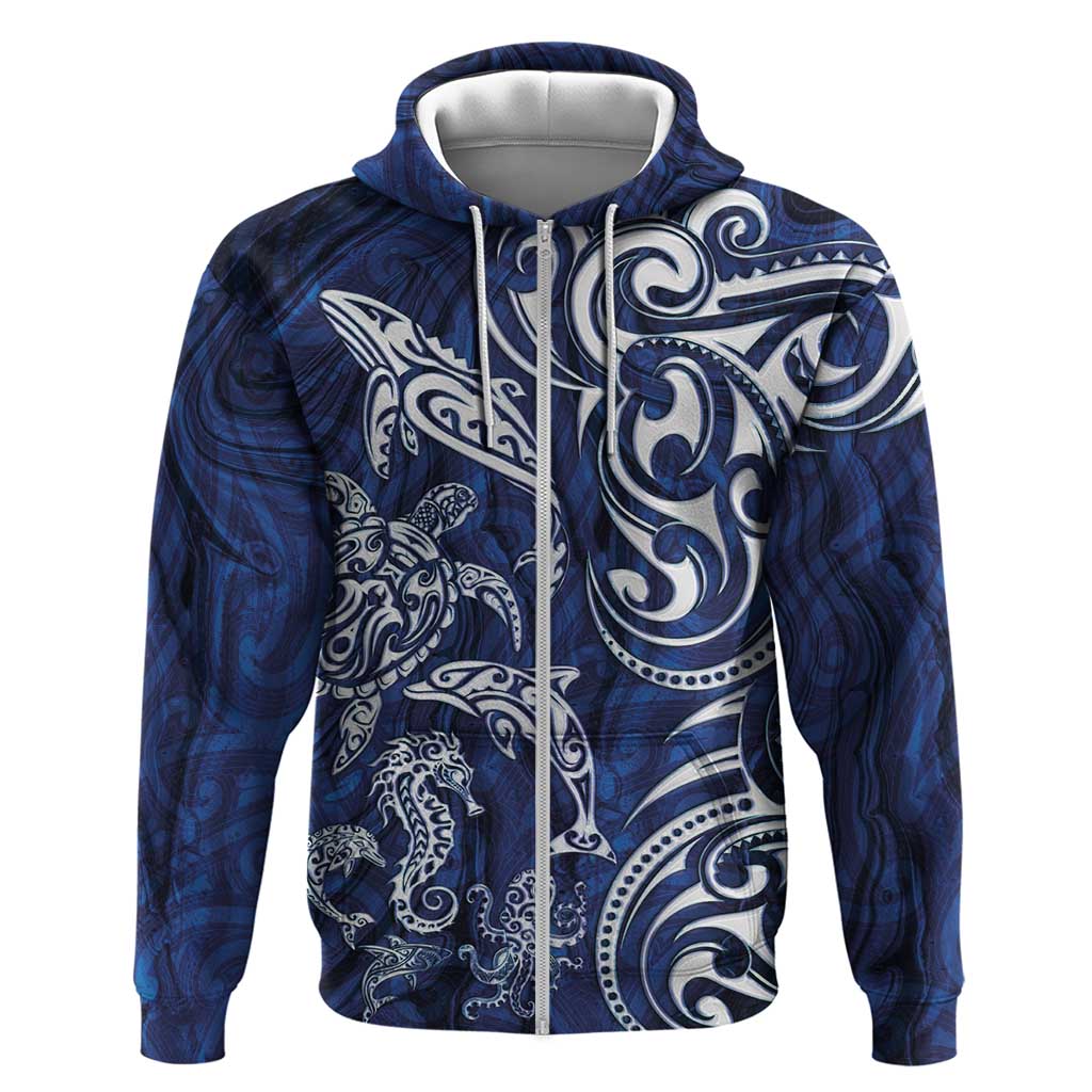 New Zealand Connecting with Seas Zip Hoodie Maori Tribal and Sea Animals Tattoo - White Glass Style LT03 Zip Hoodie Navy - Polynesian Pride
