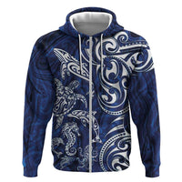 New Zealand Connecting with Seas Zip Hoodie Maori Tribal and Sea Animals Tattoo - White Glass Style LT03 Zip Hoodie Navy - Polynesian Pride
