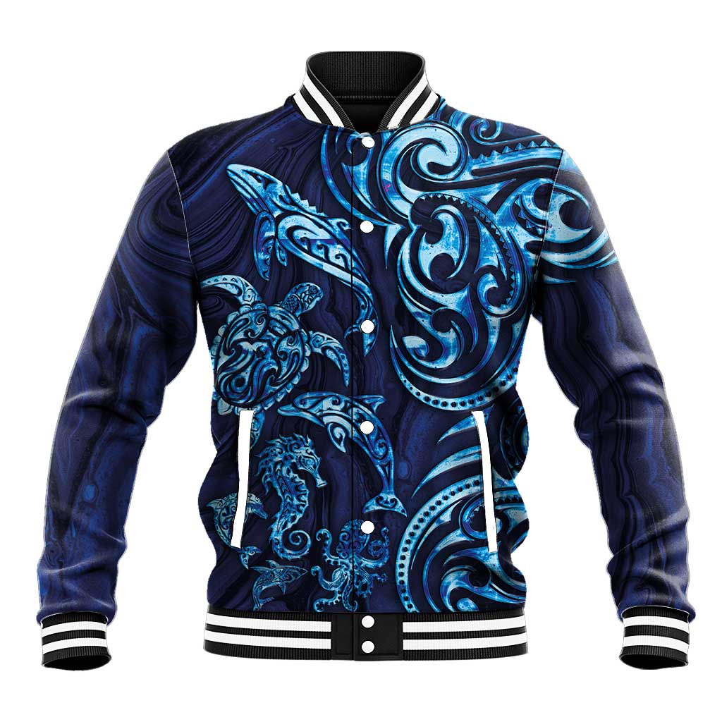 New Zealand Connecting with Seas Baseball Jacket Maori Tribal and Sea Animals Tattoo - Sea Texture Glass Style LT03 Unisex Navy - Polynesian Pride