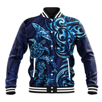 New Zealand Connecting with Seas Baseball Jacket Maori Tribal and Sea Animals Tattoo - Sea Texture Glass Style LT03 Unisex Navy - Polynesian Pride