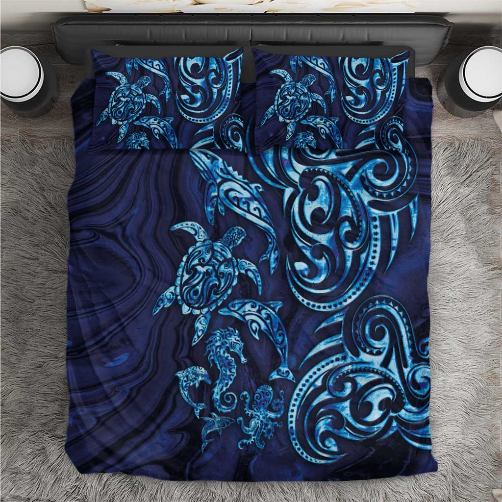 New Zealand Connecting with Seas Bedding Set Maori Tribal and Sea Animals Tattoo - Sea Texture Glass Style