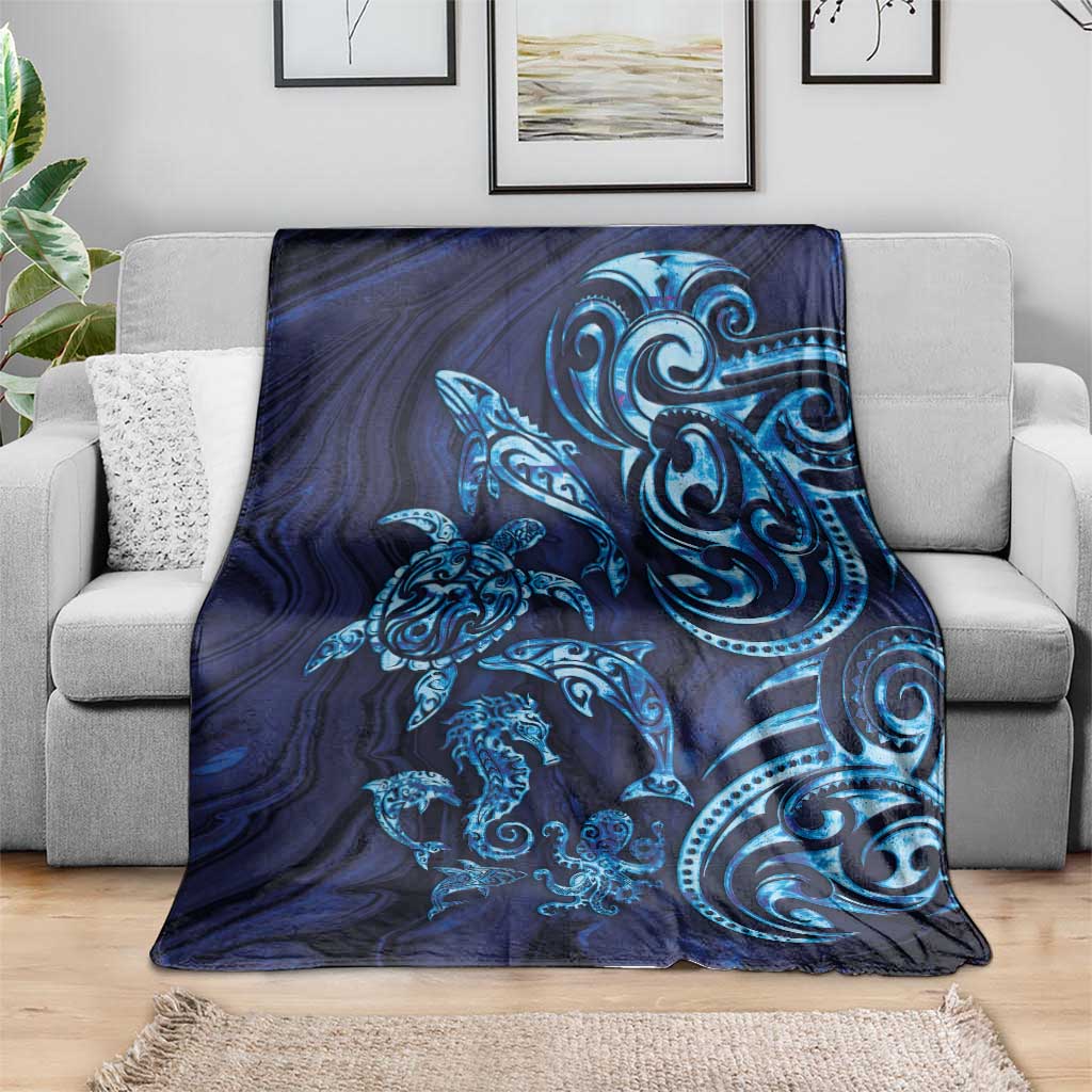 New Zealand Connecting with Seas Blanket Maori Tribal and Sea Animals Tattoo - Sea Texture Glass Style LT03 - Polynesian Pride