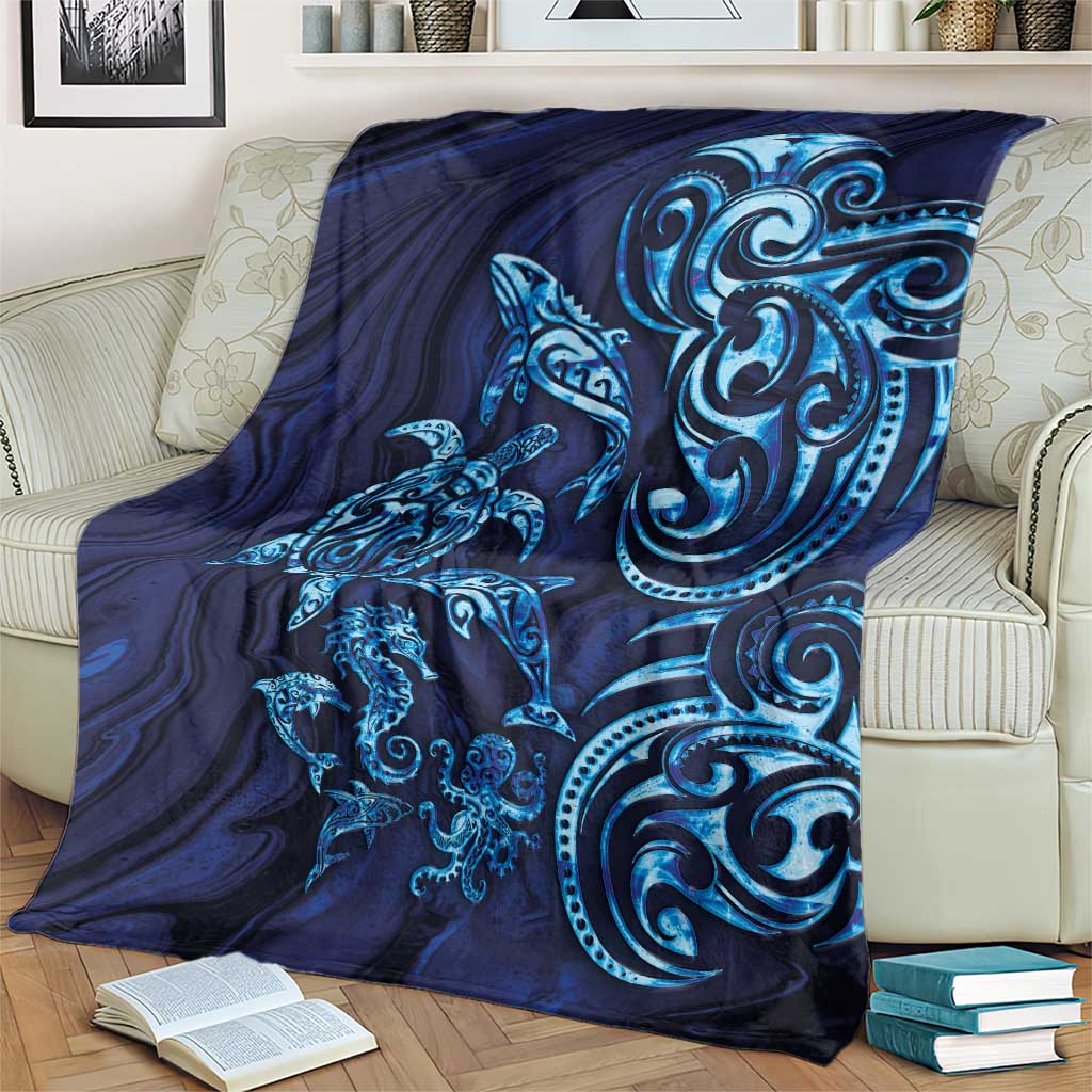 New Zealand Connecting with Seas Blanket Maori Tribal and Sea Animals Tattoo - Sea Texture Glass Style LT03 - Polynesian Pride