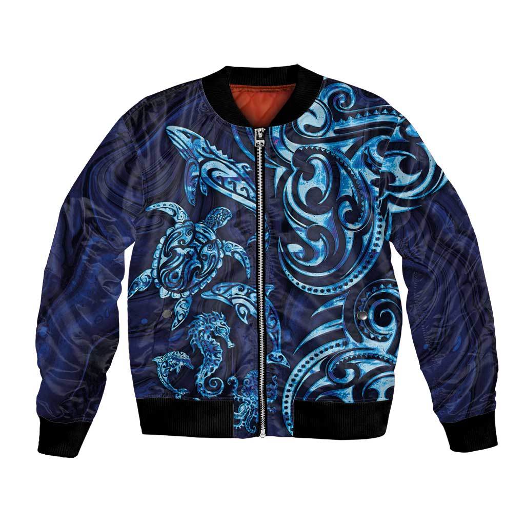 New Zealand Connecting with Seas Bomber Jacket Maori Tribal and Sea Animals Tattoo - Sea Texture Glass Style LT03 Unisex Navy - Polynesian Pride