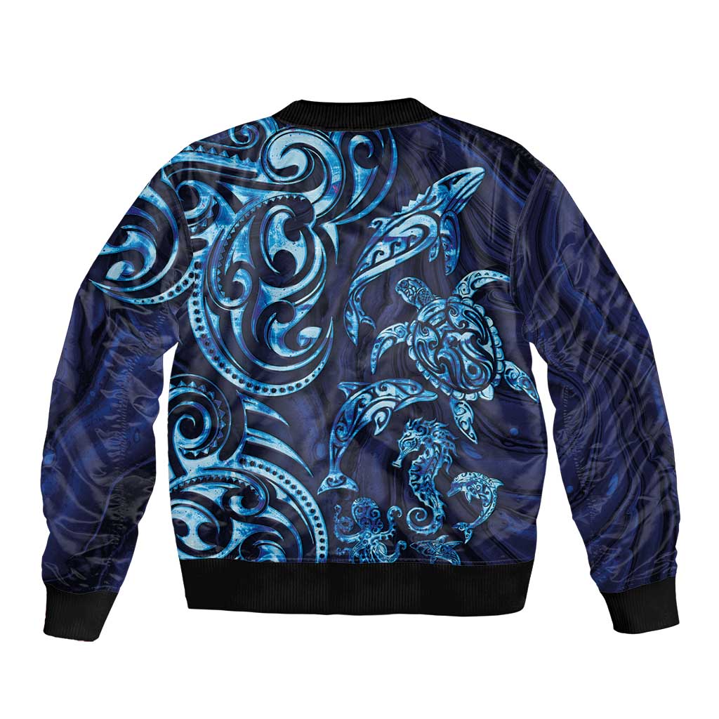 New Zealand Connecting with Seas Bomber Jacket Maori Tribal and Sea Animals Tattoo - Sea Texture Glass Style LT03 - Polynesian Pride