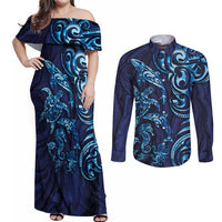 New Zealand Connecting with Seas Couples Matching Off Shoulder Maxi Dress and Long Sleeve Button Shirt Maori Tribal and Sea Animals Tattoo - Sea Texture Glass Style LT03 Navy - Polynesian Pride