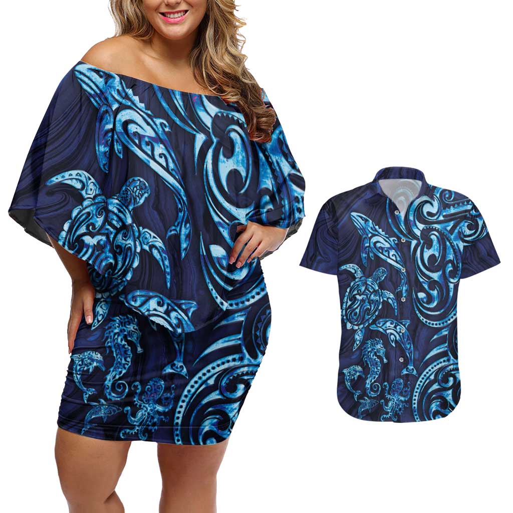 New Zealand Connecting with Seas Couples Matching Off Shoulder Short Dress and Hawaiian Shirt Maori Tribal and Sea Animals Tattoo - Sea Texture Glass Style