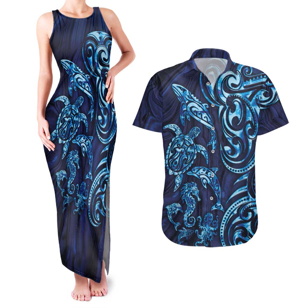 New Zealand Connecting with Seas Couples Matching Tank Maxi Dress and Hawaiian Shirt Maori Tribal and Sea Animals Tattoo - Sea Texture Glass Style