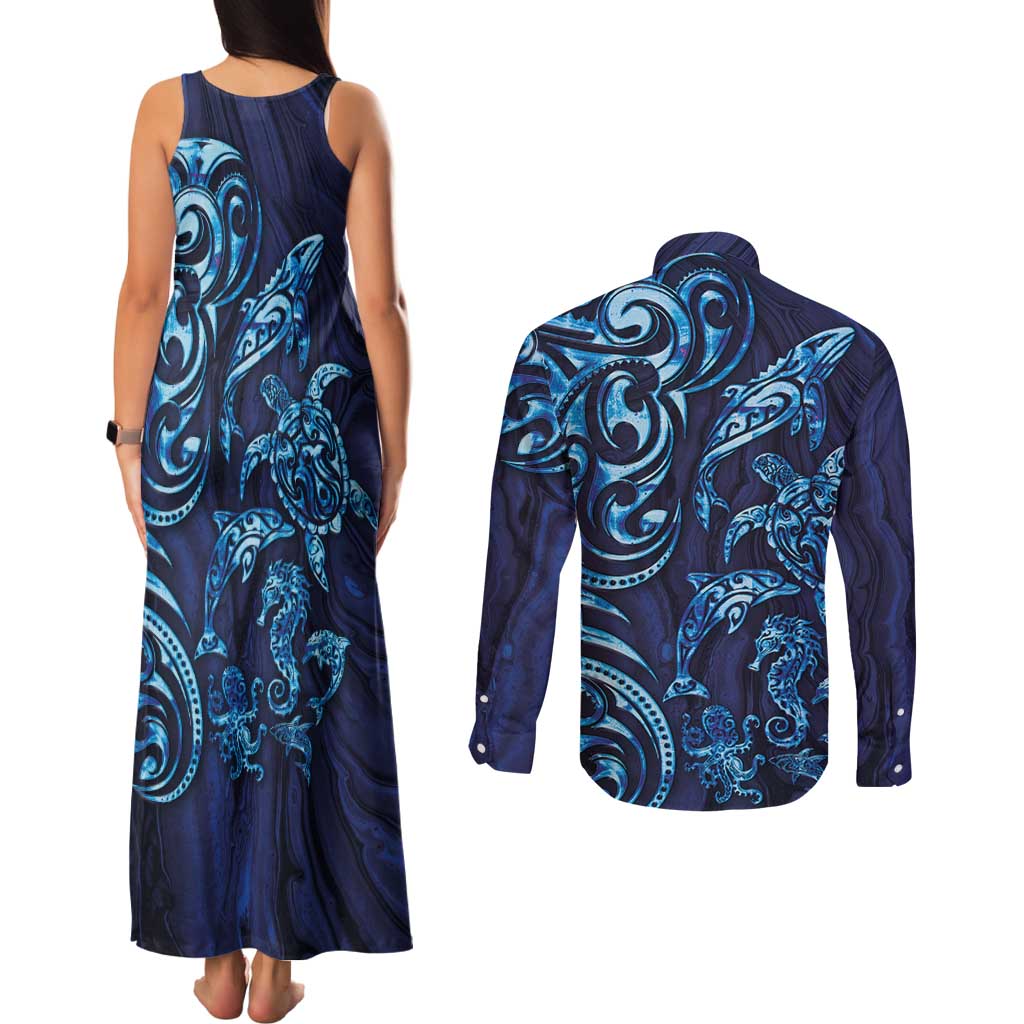 New Zealand Connecting with Seas Couples Matching Tank Maxi Dress and Long Sleeve Button Shirt Maori Tribal and Sea Animals Tattoo - Sea Texture Glass Style LT03 - Polynesian Pride